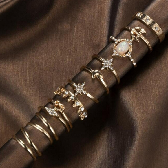 Women's gold opal stack ring set 13 piece set gold boho midi knuckle rings NWT - Picture 2 of 9